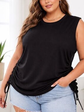 ALALA NWT Black Ribbed Side Ruched Sleeveless Top 3X Luxe Athleisure $75